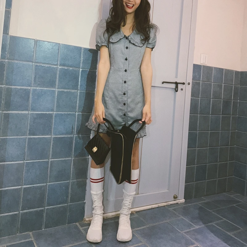 Kawaii для девочек в белую и черную клетку с рюшами пляжное платье 2021 на каждый день
