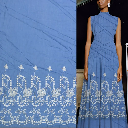 Шелк и хлопок смешанная ткань белый цветочный embrodery на синем фоне SCT391|Ткань| |