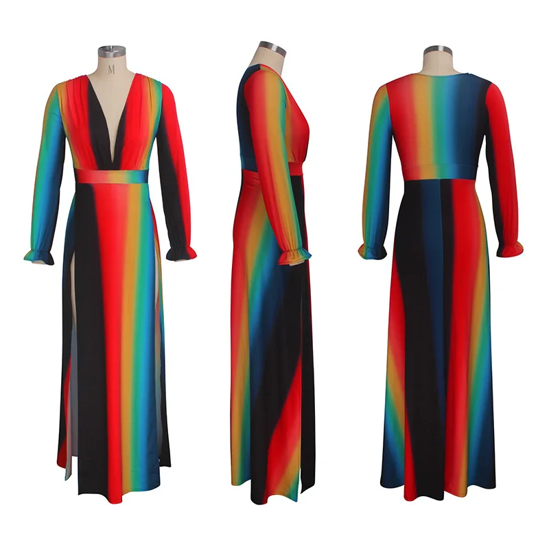Женское длинное платье в радужную полоску с v образным вырезом и глубоким