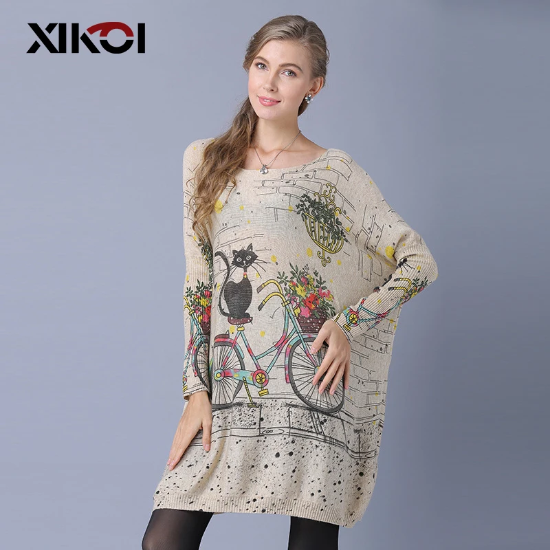 Свитер Женский вязаный с кошачьим принтом длинным рукавом | Женская одежда