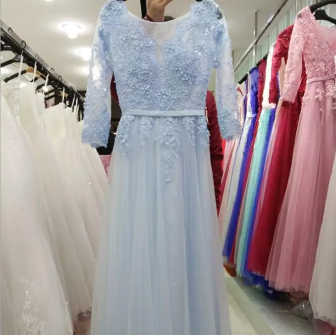 Modabelle серые платья для выпускного вечера Robe Soiree Manche Longue A-Line Тюль Аппликации сексуальное торжественное платье Robe De Bal Longue - Цвет: Sky Blue