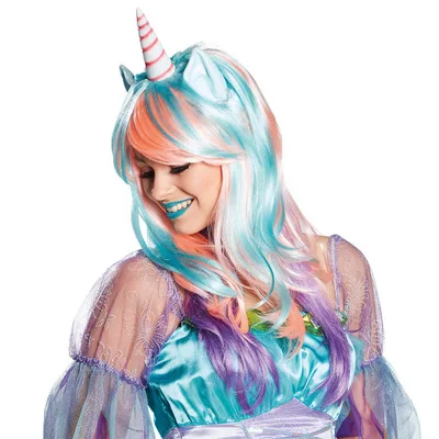 

Rainbow Unicorn Wig Colorful Long Curly Custume Cosplay Fake Hair Birthday Bachelorette Party Decoration Mask Party Favor