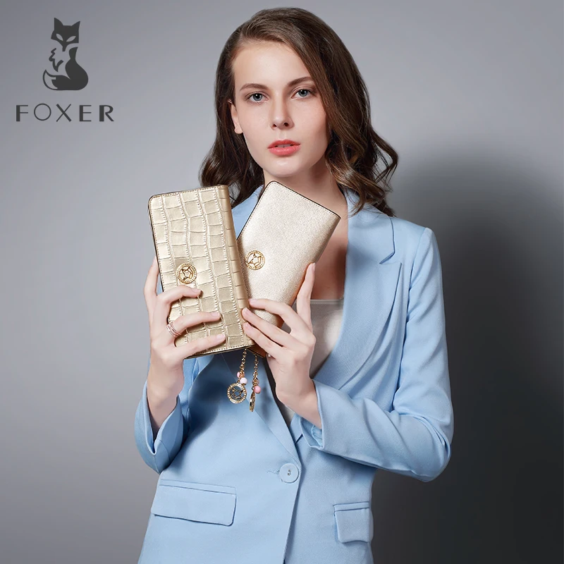 Женский Длинный кошелек FOXER черный кожаный на молнии с отделением для монет и