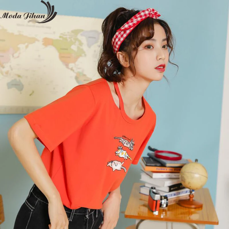 Женская хлопковая Футболка Moda Jihan футболка с вырезом и коротким рукавом в