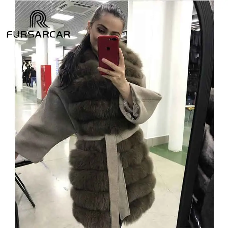 Роскошное Женское пальто с натуральным мехом, шерстяное теплое меховое пальто с толстым лисьим меховым воротником, высокое качество, стиль, шерстяное меховое пальто