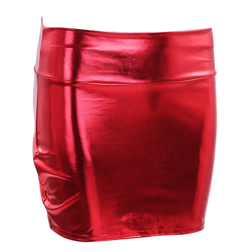 Сексуальная Женская Блестящая юбка из искусственного латекса с металлическим