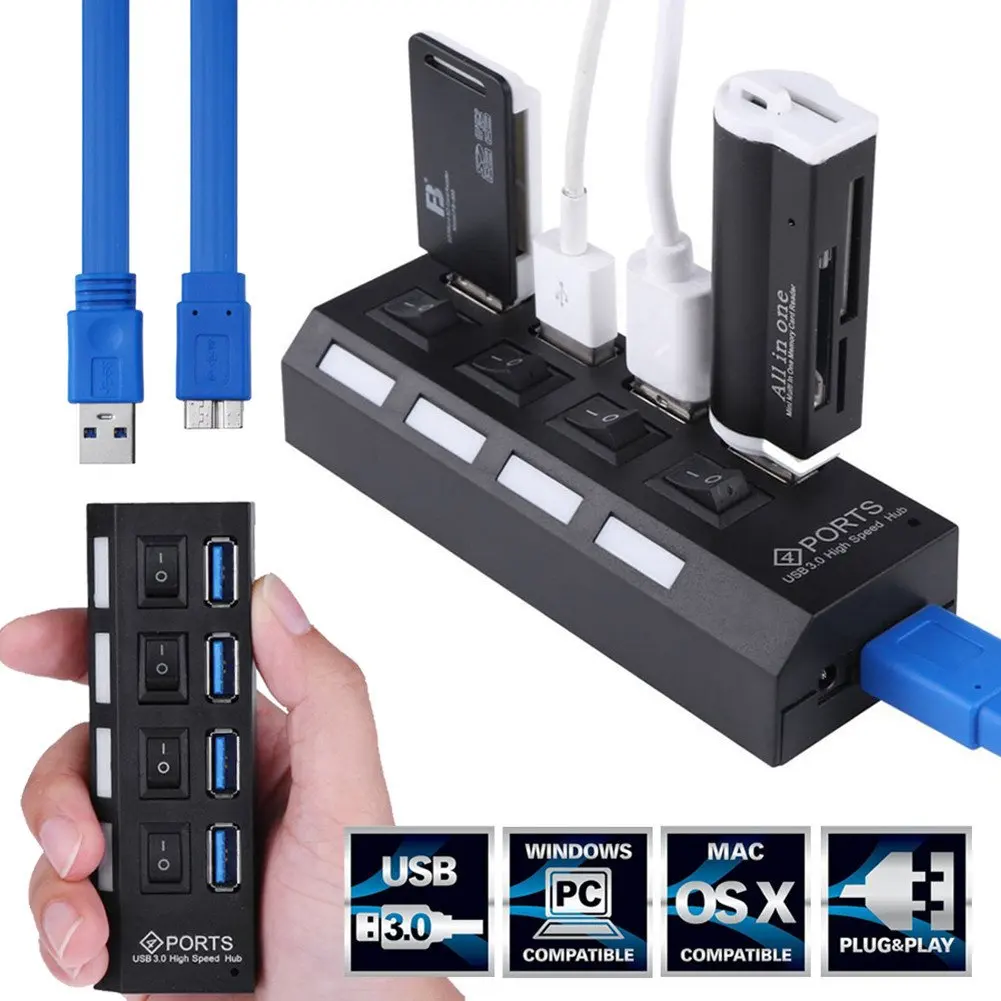 Многопортовый usb-хаб 3,0 4/7 портов Портативный Супер Скоростной 5 Гбит/с многопортовый usb-расширитель с переключателями адаптер питания для ПК