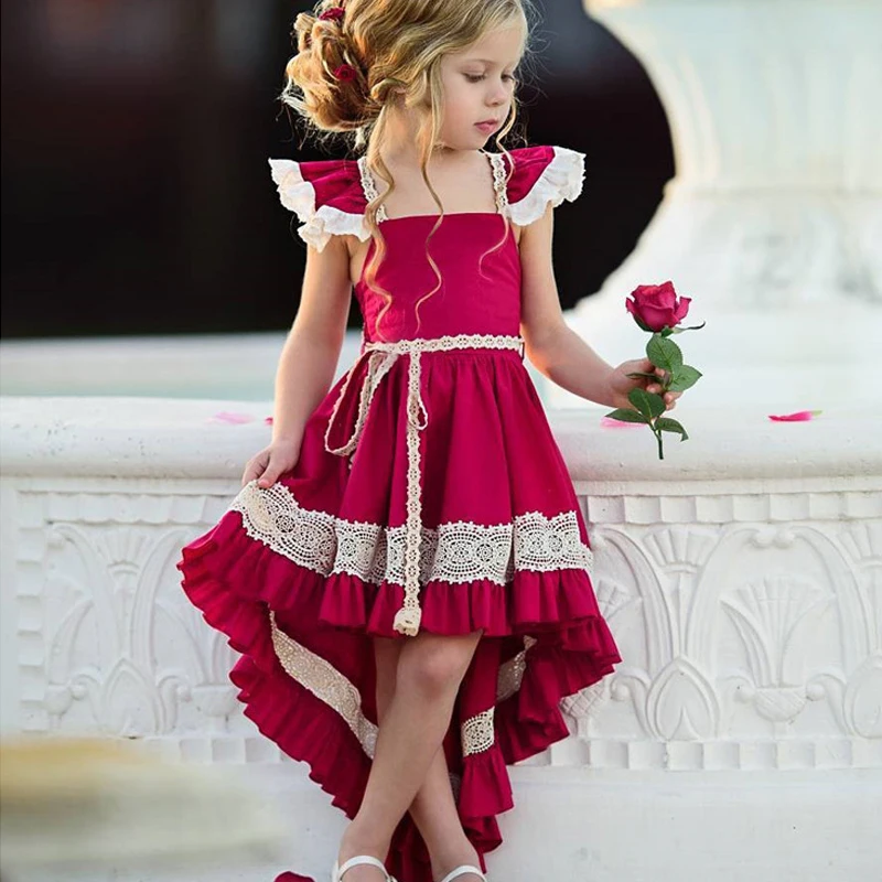 Girls Dresses 2019 Spring New Children's Wear Sweet Front Short Long Lace Backless Irregular Dovetail Dress | Детская одежда и