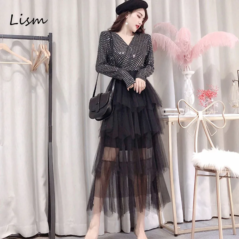 Женское длинное платье с блестками LISM черное Клубное высокой талией и V образным