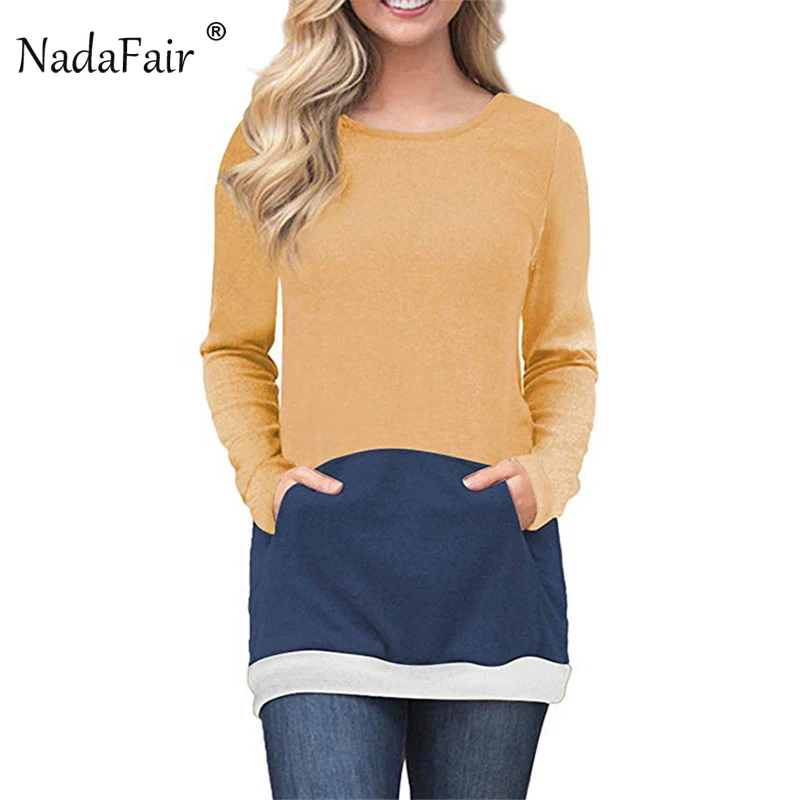 Nadafair 2018 осень-зима О Шея Полосатый Лоскутные толстовки с двумя карманами Для