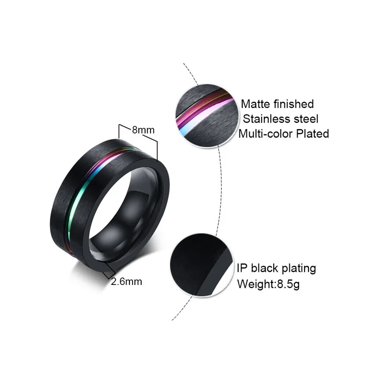 Vnox 8mm Men Black Stainless Steel Ring Thin Rainbow Line Wedding Band Male Jewelry Masculino Alliance|stainless steel ring|ring thinwedding band |