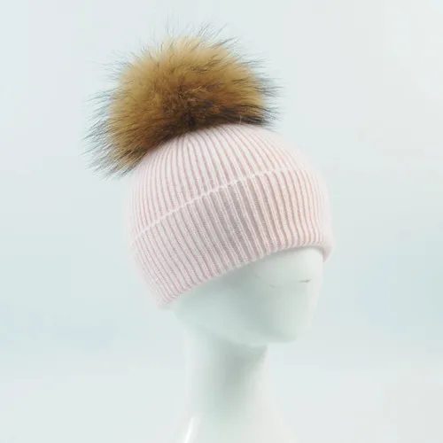 Pink natural fur Детская одежда с меховой отделкой, ремешком вокруг щиколотки, шапка с помпоном детская зимняя для мальчиков и девочек, шерстяные Kintted теплый мех лисы, детский головной убор, кепка бейсболка вязаный унисекс шапка бини - Цвет: Pink natural fur