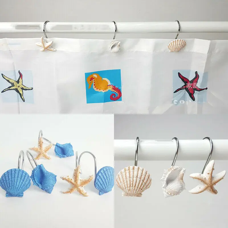 

12pcs Decorative Seashell Shower Curtain Hooks Bathroom Beach Shell Decor NEW
