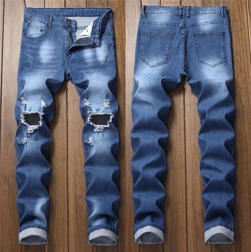 127 Новая мода повседневное мужские SkinnyStretch состаренные джинсы Рваные Slim Fit отверстия джинсы для женщин мотобрюки мужчин Прямая - Цвет: 127