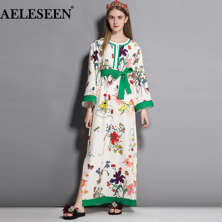 Женское платье с поясом и цветочным принтом длинным рукавом|Женские платья| |