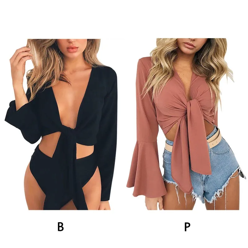 

Women Leisure Vacation Beach Wear Summer Holiday Casual Sexy Top Vest Blouse Long Sleeve Lady Hipster Midriff Sunscreen Blouse