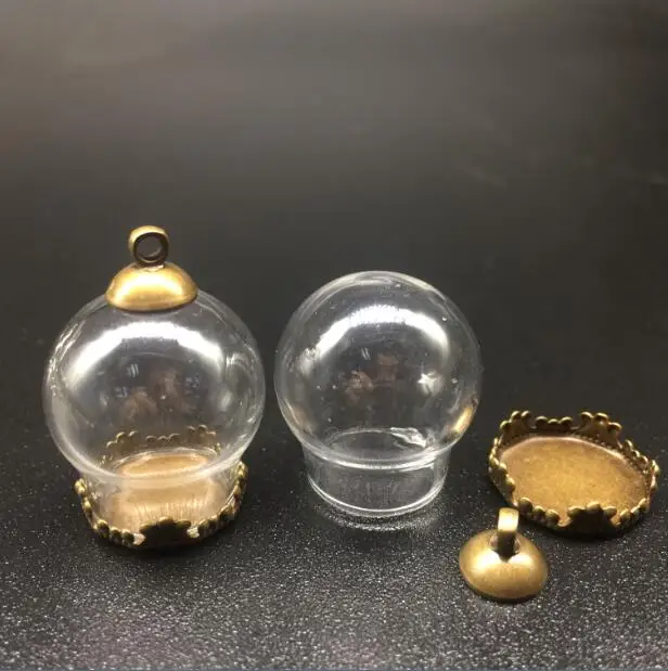 

5sets 20*15mm Clear round glass globes orbs metal crown base tray set jewelry finding cap necklace vial pendant wishing bottles