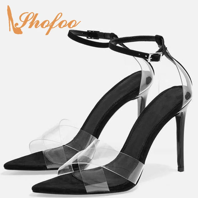 

Black PVC Ankle Wrap Stilettos Sandals Pumps Ladies Summer High Thin Heels Dress Footwear Buckle Strap Mature Large Size 33 39