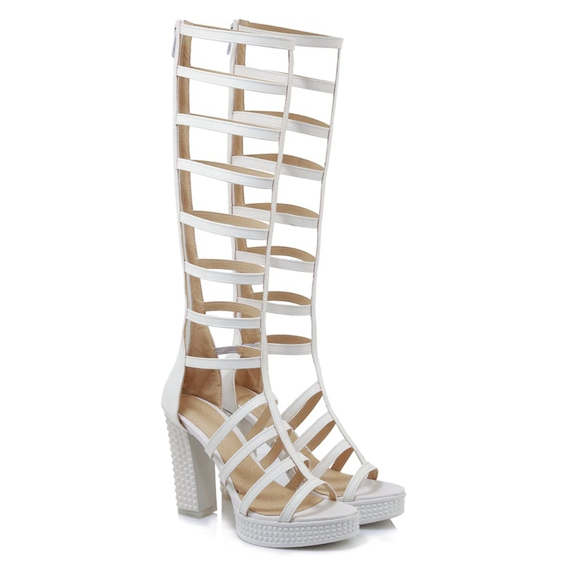 REAVE CAT Women Ladies Gladiator Platform Summer boots chunky high heels Sexy Striper party high heel hollow Zipper Big size 43