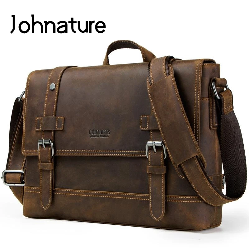 Мужской портфель из натуральной воловьей кожи Johnature однотонный на плечо