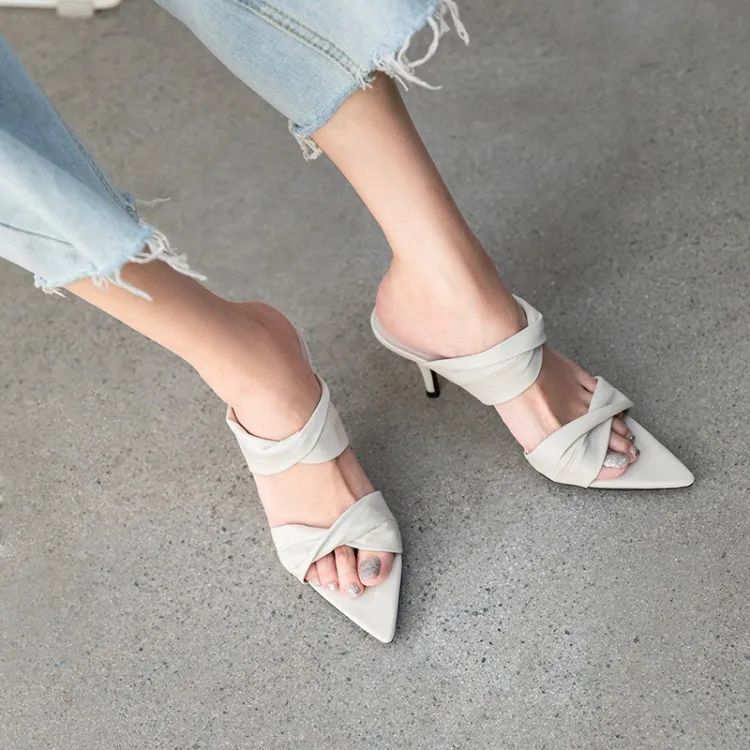 Элегантные кожаные белые модельные туфли со складками летние шлепанцы с острым