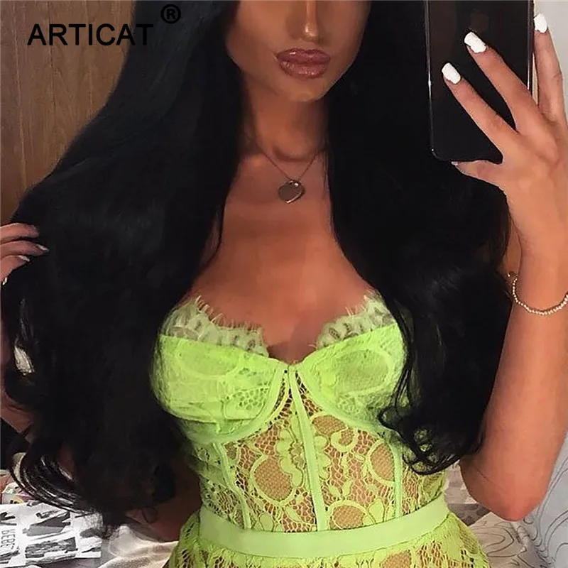 Женский кружевной боди Articat неоновый прозрачный комбинезон с v образным вырезом