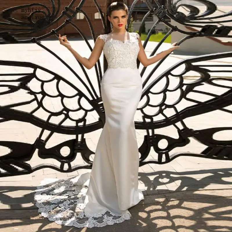 Женское свадебное платье-Русалка со шлейфом без рукавов с круглым вырезом и