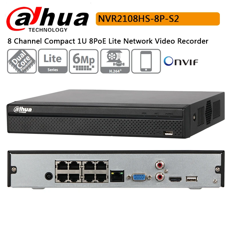 Оригинальный Dahua 8-канальный компактный 1U 8PoE Lite сетевой видеорегистратор NVR2108HS-8P-S2 с поддержкой записи Full HD 6MP Поддержка PTZ камеры IP.
