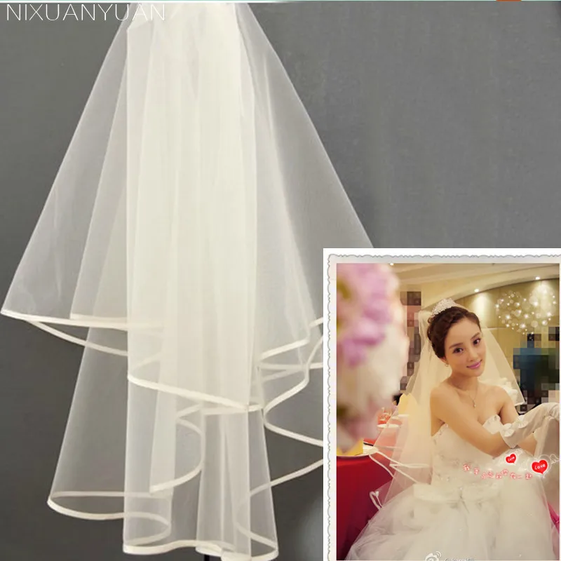 

2021 New Arrival Wedding Accessories Two Layer Ribbon Edge White Ivory Wedding Veils Bridal Veil With Comb