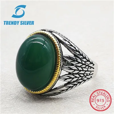 green agate(gold rim Серебро 925 ювелирных украшений мужские кольца мужские аксессуары Бирюзовый Камень Природный Оникс Агат модное серебристое - Цвет камня: green agate(gold rim