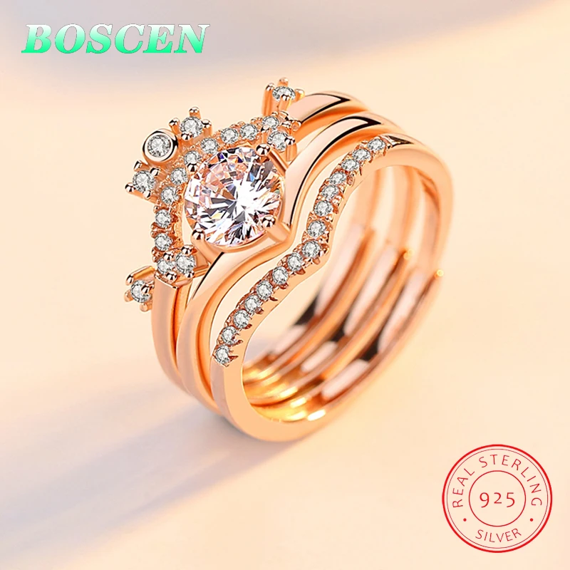 BOSCEN 925 Sterling Silver Ring For Women Gift 2019 Zircon Gem Crown Detachable Three In One wearing methods Creative | Украшения и