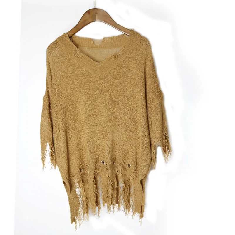Women's Loose Hole Sweater Hollow out Asymetric Hem Knitted V neck Long Sleeve Thin Tops | Женская одежда