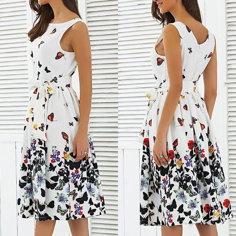 Ремень женское платье Лето S ~ 2XL расклешенный стиль Бабочка печатных рукавов