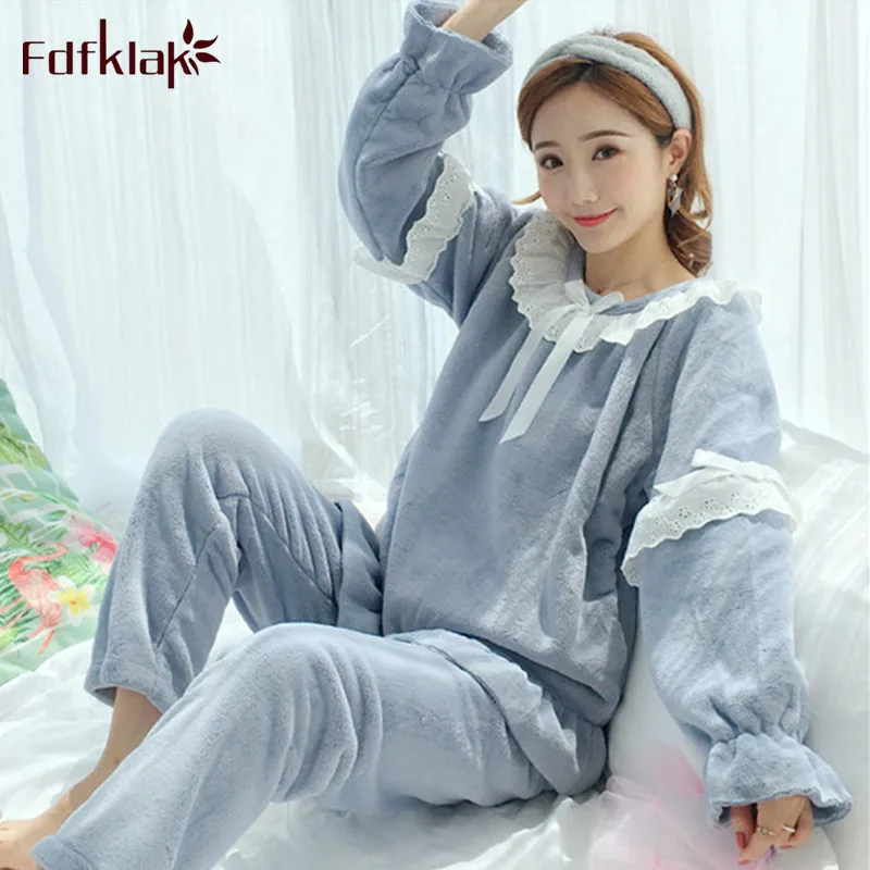 

Fdfklak Sweet student's pajamas set long sleeve flannel pijamas sets thick warm winter sleepwear pyjamas large size pyjama femme