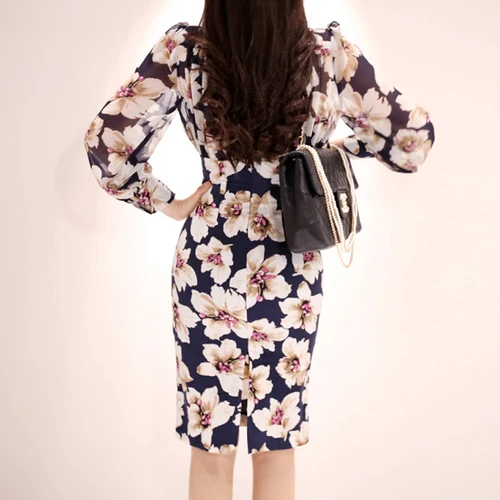 

High Quality Sexy Print Flower Floral Print Lace Patchwork Vestidos Women 2019 Summer Dresses V-neck Casual pencil Dress