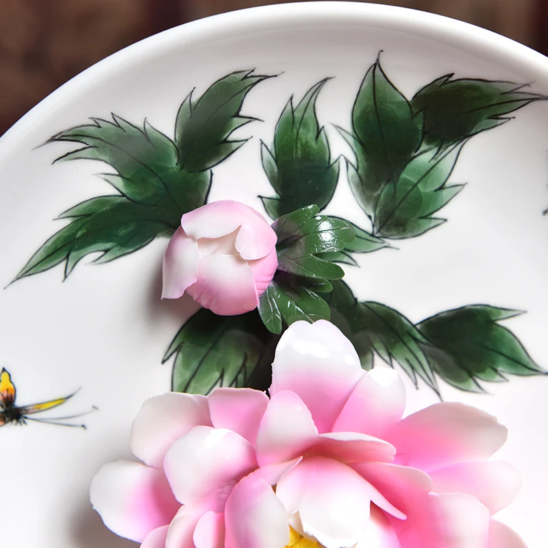Chinese Style Table Decor Plate 3D Peony Flower Auspicious Ornaments Plates Ceramic Dish / Living Room Crafts Souvenir As Gifts | Дом и сад
