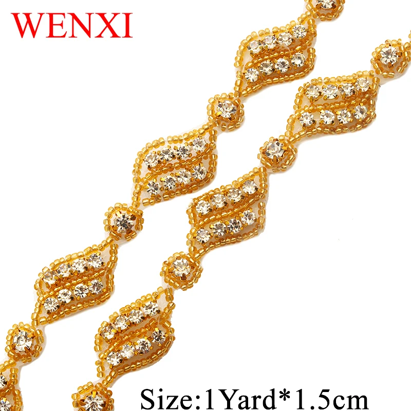 

WENXI 1YARD Crystal Rhinestone Applique Sewing On stick on Bridal beaded Trim For Wedding Dress Sash belt Haed band WX881