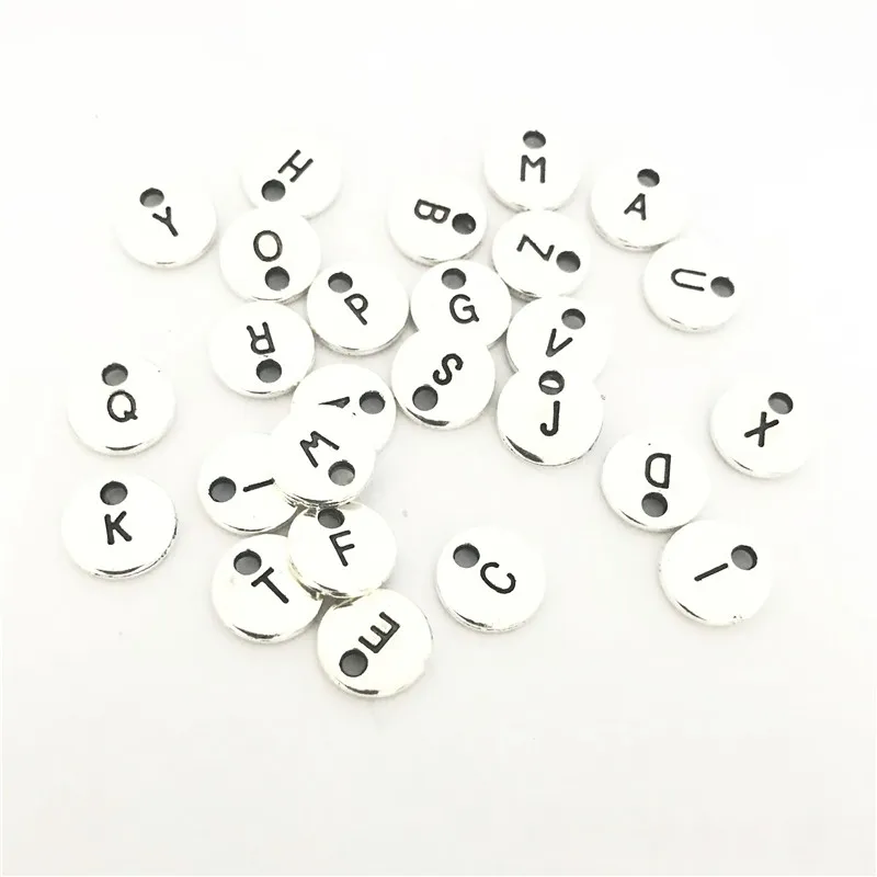 

10pcs/Lot Antique Silver Color Double side Alphabet A-Z Uppercase letters Initial Charm 10mm Beads For Jewelry