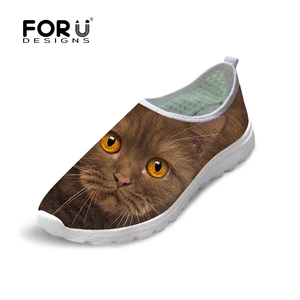 Туфли женские сетчатые без шнуровки, повседневная обувь на плоской подошве, с 3D рисунком кота, дышащие, симпатичные, для отдыха