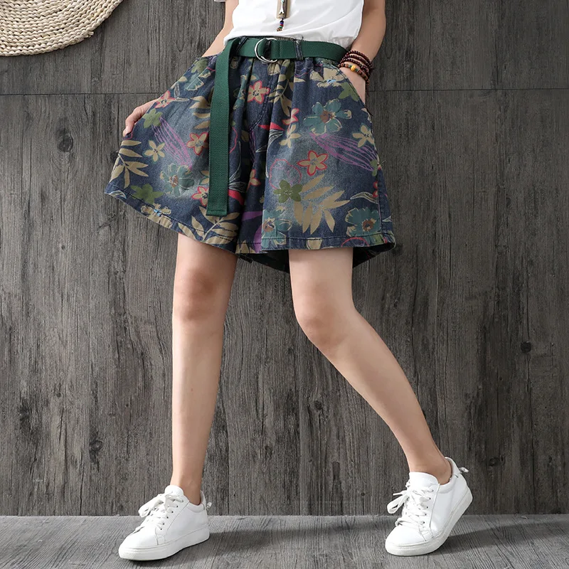 

QPFJQD Summer Belt Loose Denim Skirts Shorts Women Print Mini Shorts Sexy Female Casual Streetwear Korean Wide Leg Short Denim