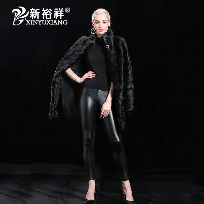 about 88 cm length XINYUXIANG,, подгонка, настоящая норковая шуба, для женщин, Зимняя мода, толстая теплая верхняя одежда, черная, для женщин, натуральный мех норки, Длинные куртки - Цвет: about 88 cm length