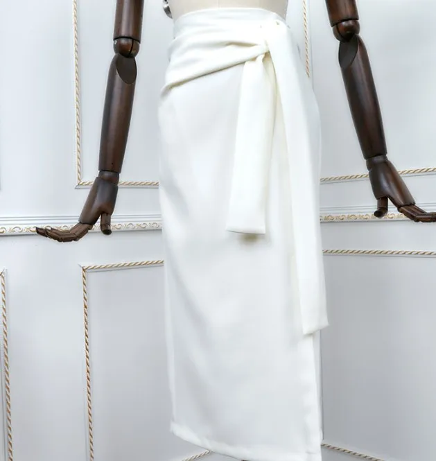 white skirt Многослойная шифоновая, с завязывающимся бантом блузка рубашка+ Высокая талия с перламутрой пуговицей, облегающая юбка из двух частей Для женщин сезон: весна–лето, костюмы с юбкой - Цвет: white skirt