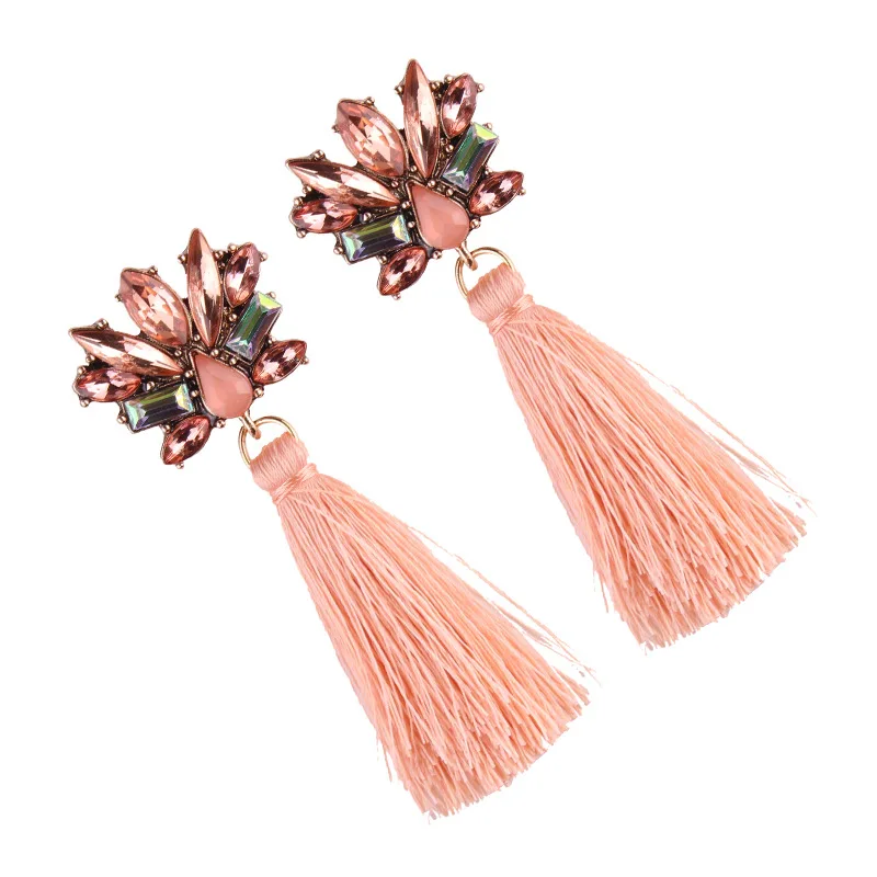 Женские серьги с кисточками в стиле бохо длинные висячие кристаллами и цветком