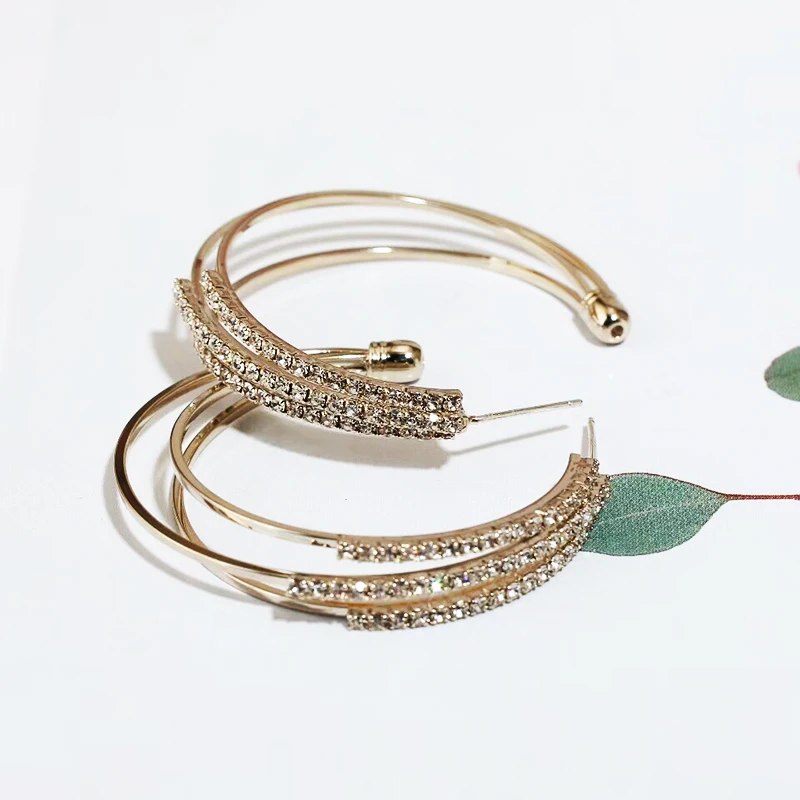 

S925 Classic Gold Hoop Earrings Big Round Loop Copper Earring with Rhinestone Wedding Party Gift For Women Girls Fashion Jewelry