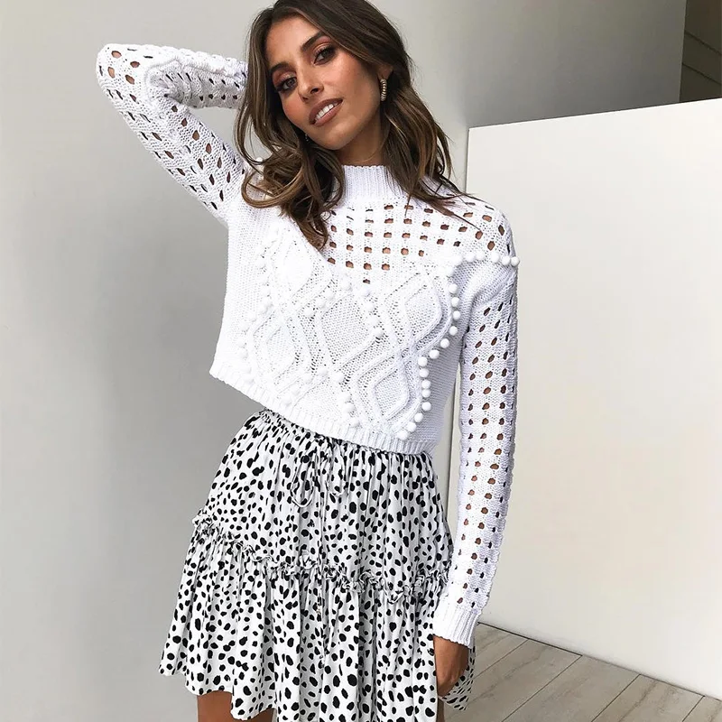 Sweater Women Pullover Knitted Hollow Out Pompom Long Sleeve Turtleneck Autumn Winter Casual Sweaters Knitwear Ladies | Женская одежда