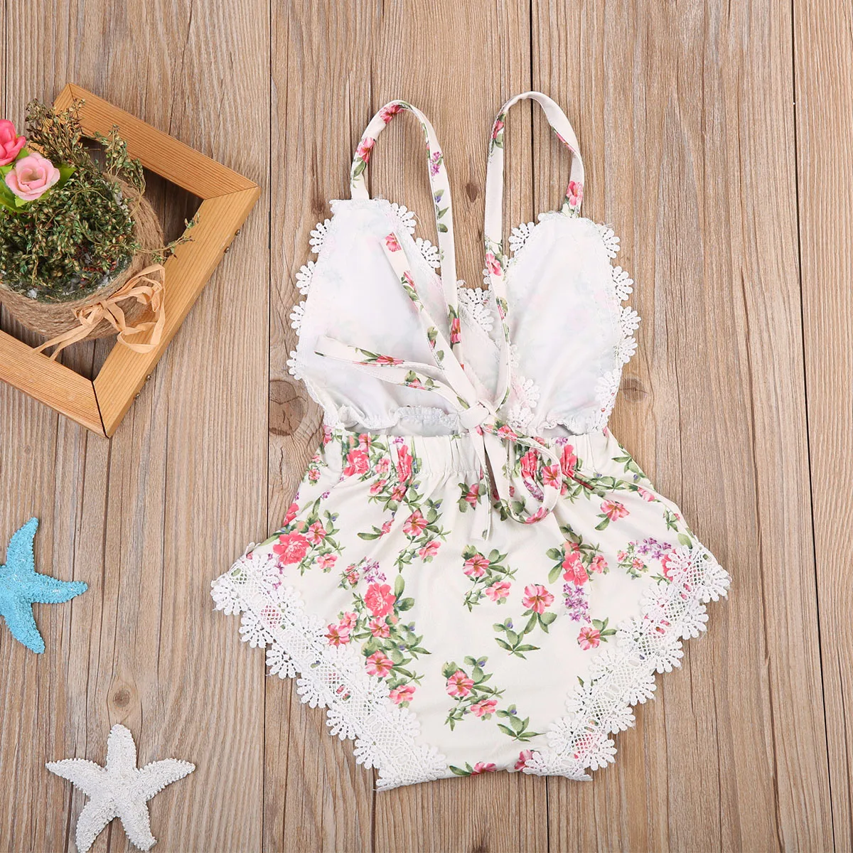 Lovely V neck Kids Baby Girls Floral Outfits Lace Jumpsuit Rompers Strap Backless Summer Romper Clothing | Детская одежда и обувь