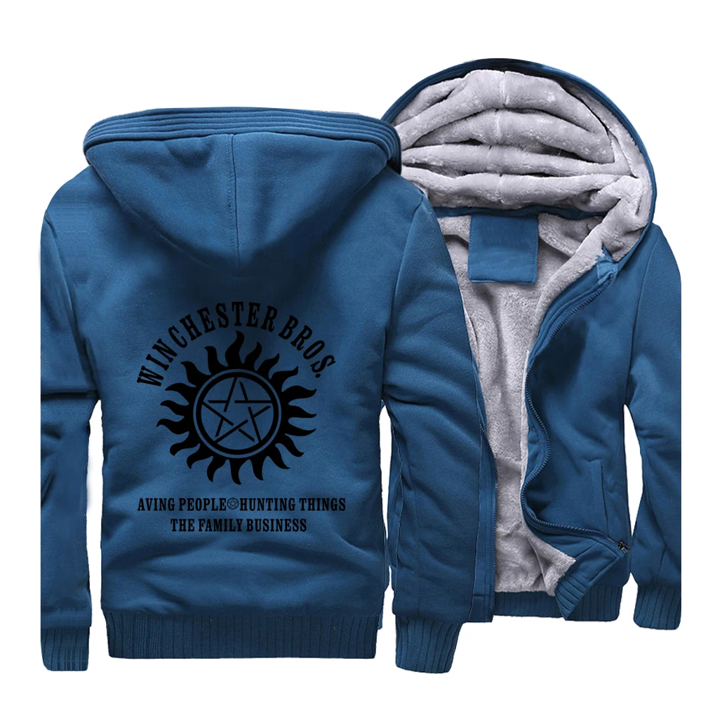 Supernatural Streetwear Hoodies Winchester Brothers Sweatshirt Men Winter Fleece Thick Hooded Sportswear Coat Hoodie Jackets - Color: lake blue 1