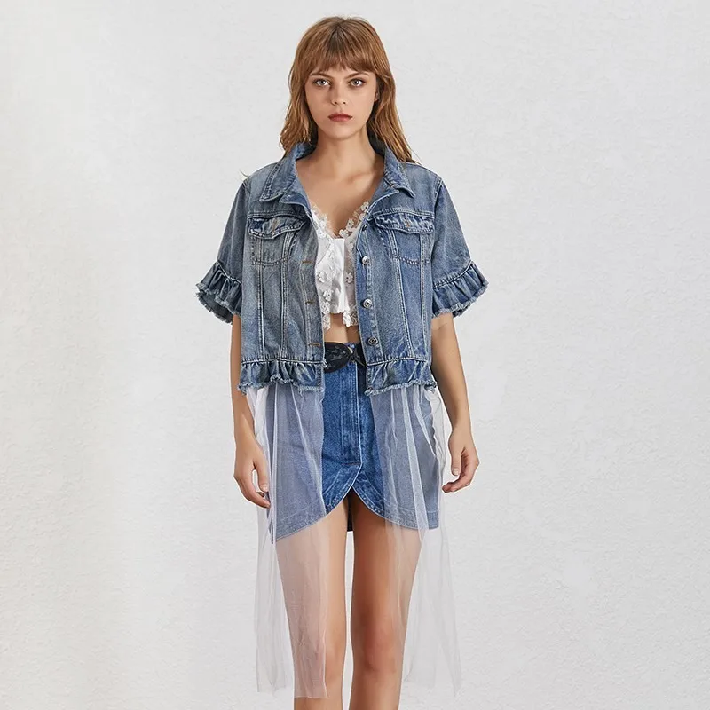 blue TWOTWINSTYLE летняя сетчатая Лоскутная Женская куртка с лацканами, коротким рукавом, оборками и пуговицами, свободное джинсовое пальто, женская мода, новинка - Цвет: blue
