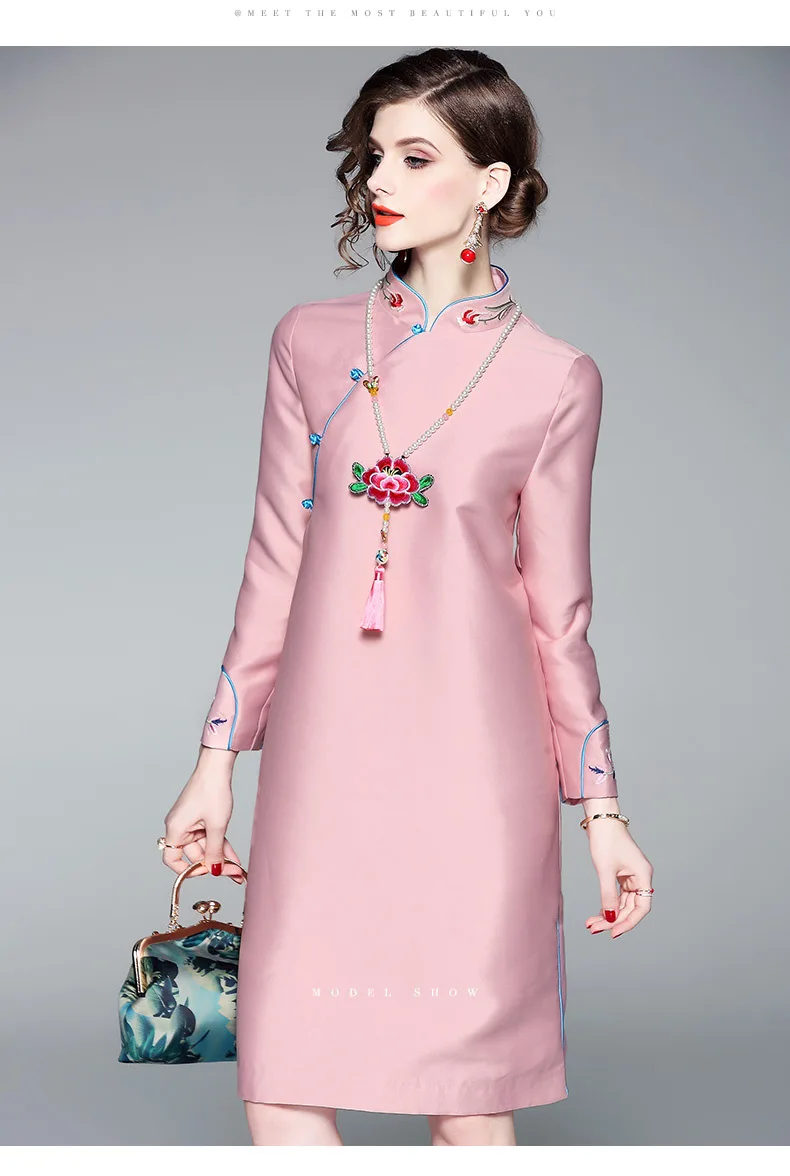 Розовое традиционное короткое китайское платье Mujer Vestido женское атласное Qipao миди Чонсам вышивка цветок размера плюс XS, S, M, L, XL, XXL