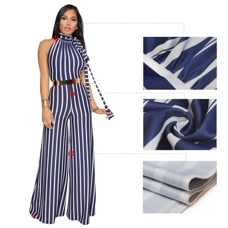 Модные женские комбинезоны с широкими штанинами в полоску открытой спиной